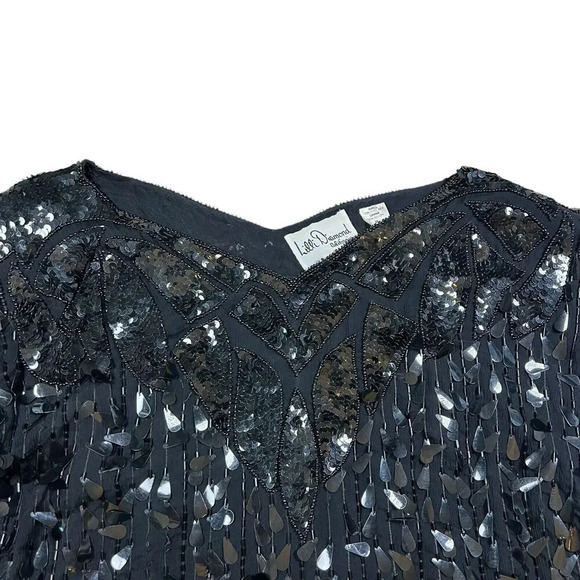 Vintage Lilli Diamond Black Sequin V Neck Silk Blouse Short Sleeve Size Medium - Picture 3 of 8